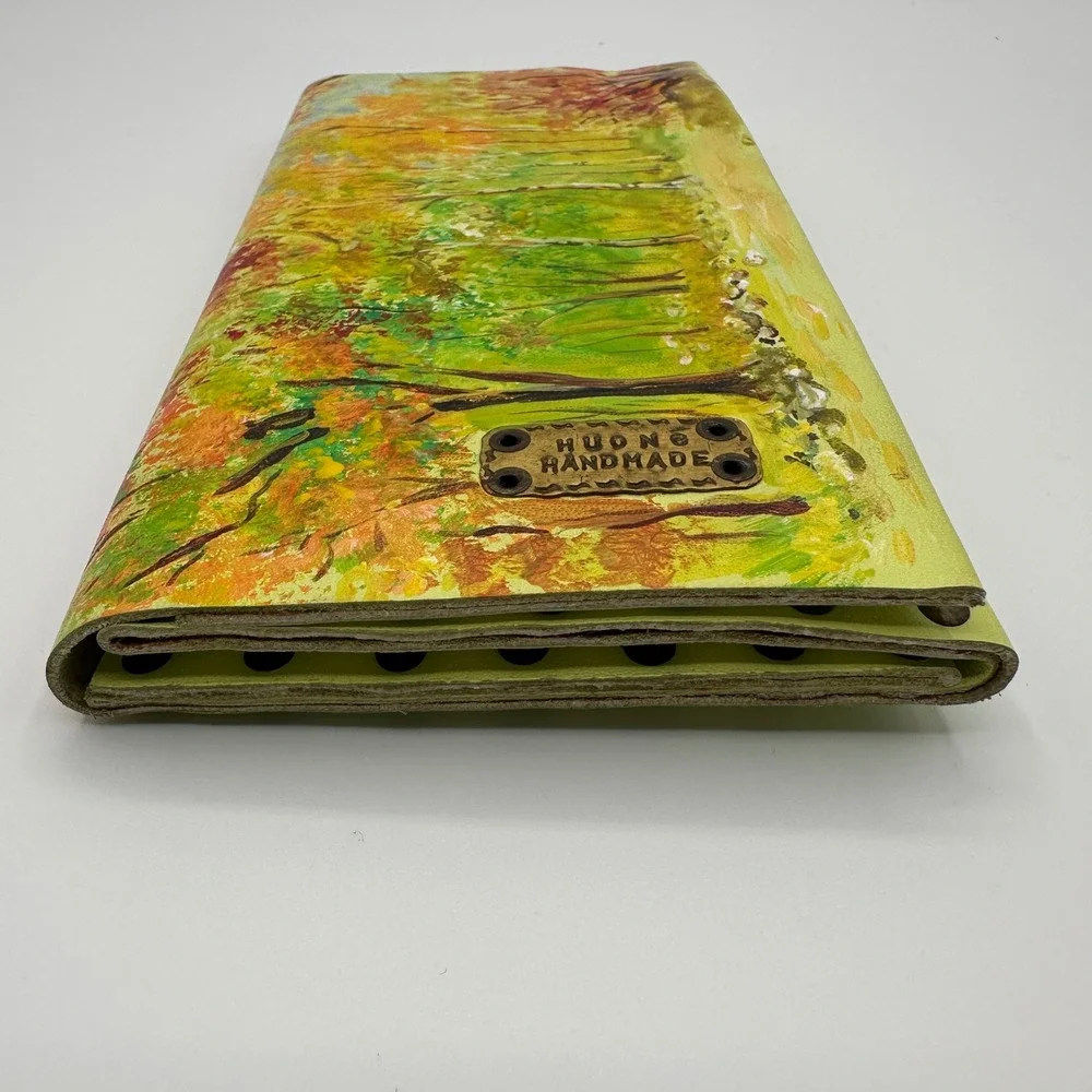 Huong Handmade Leather‎ Trifold Wallet Artisan Painted Nature Landscape Forest